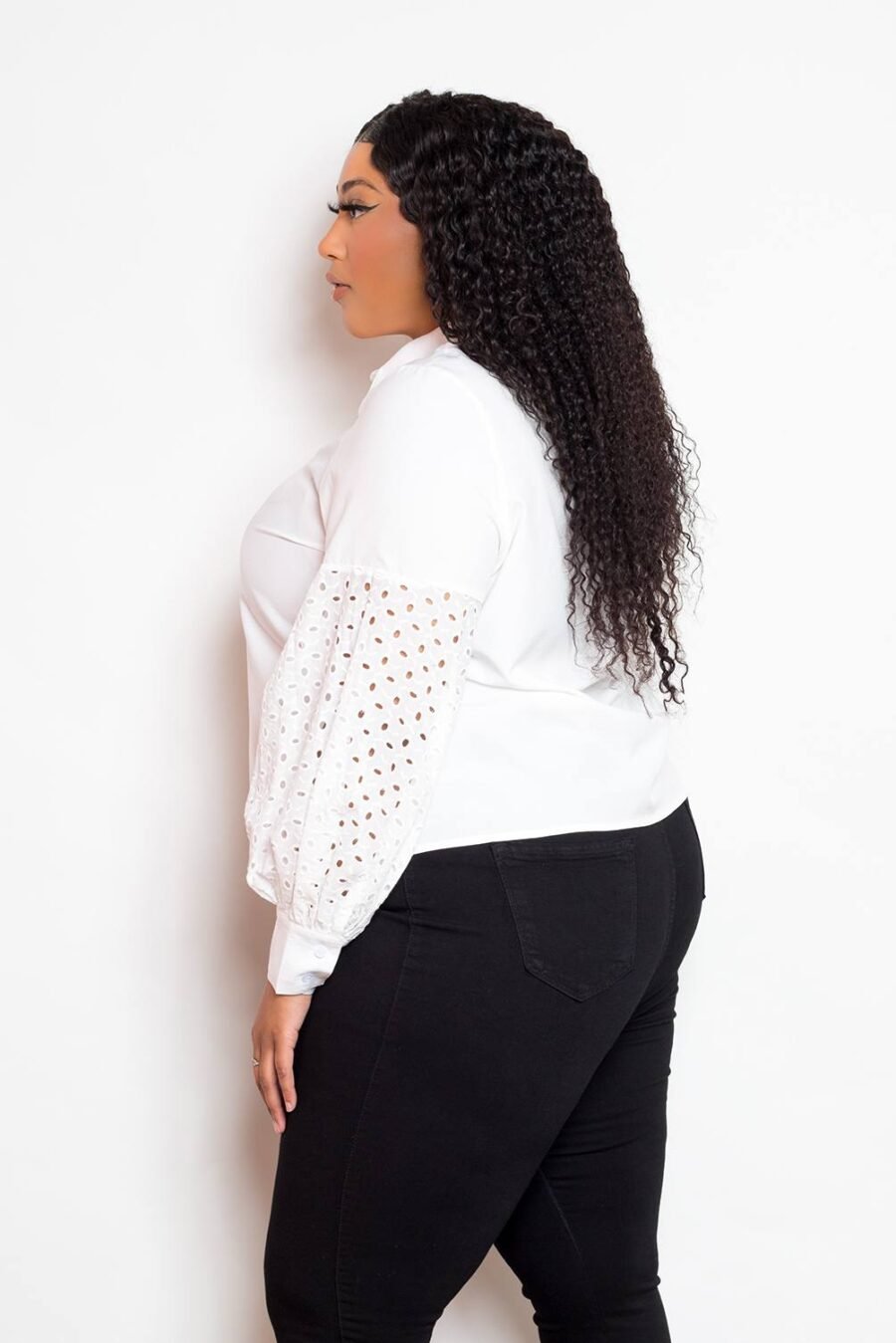 Plus Size Blouse with Punched Sleeves available in White and Black with a shirt collar and button detail