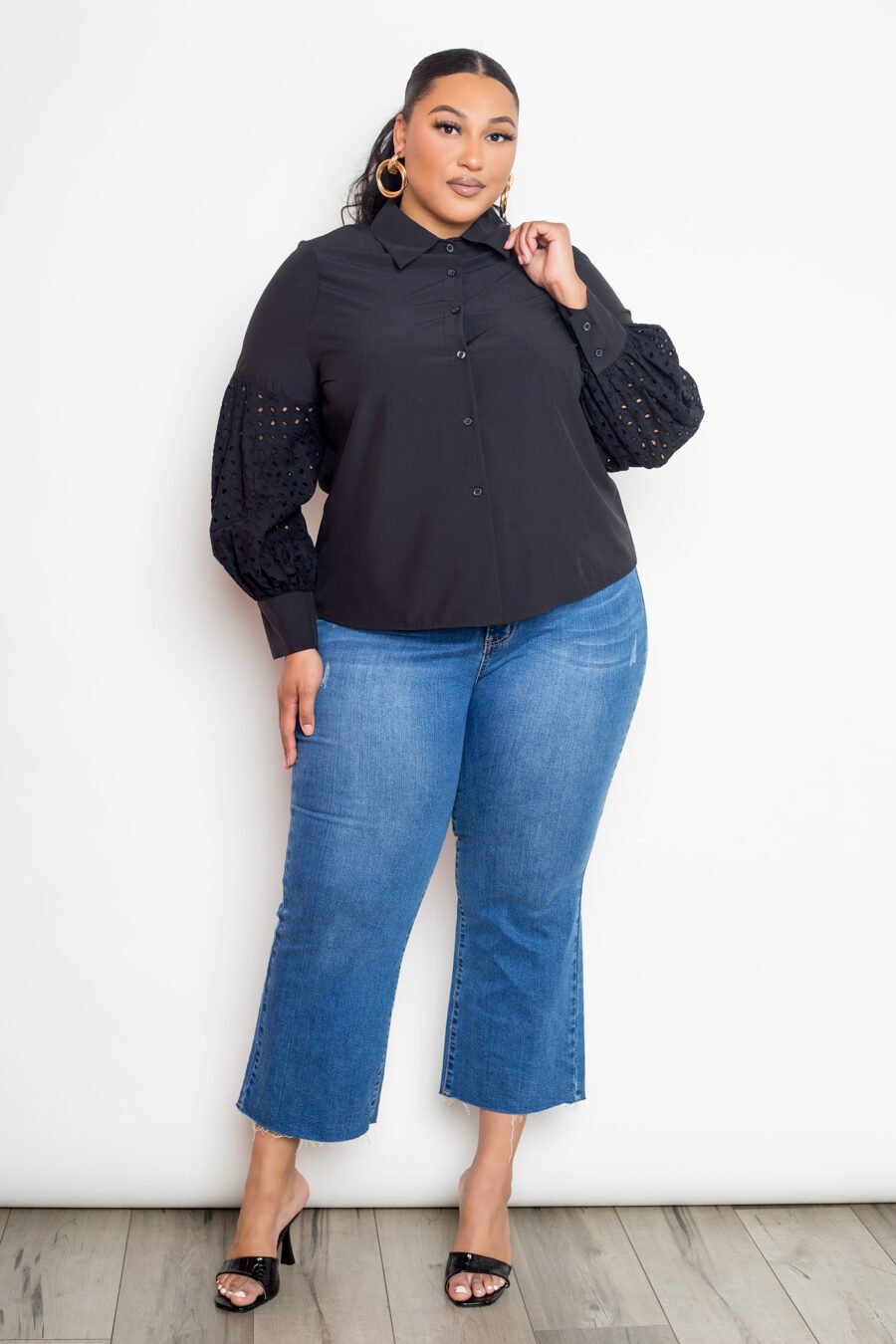 Plus Size Blouse with Punched Sleeves available in White and Black with a shirt collar and button detail