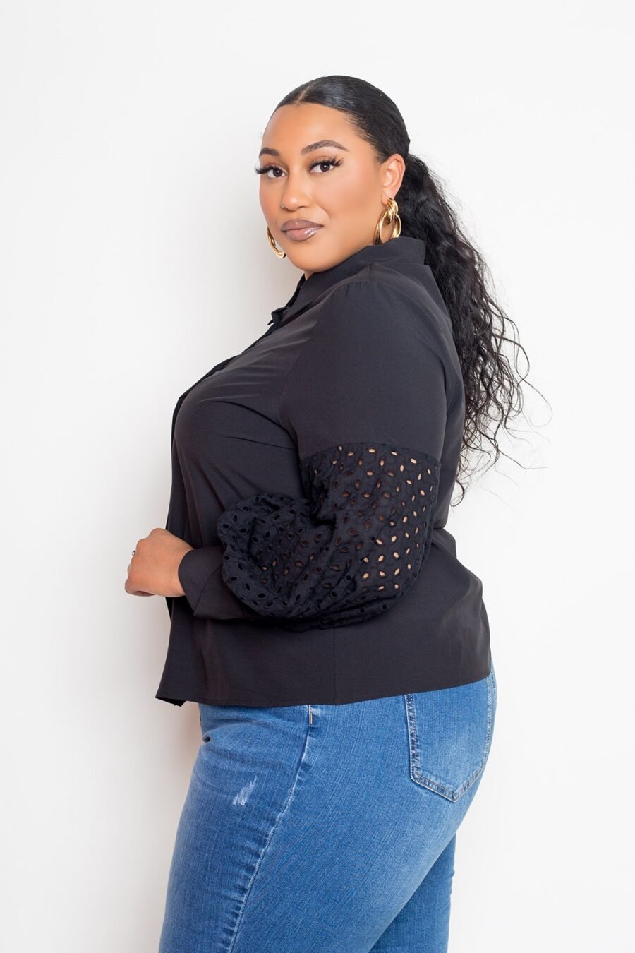 Plus Size Blouse with Punched Sleeves available in White and Black with a shirt collar and button detail