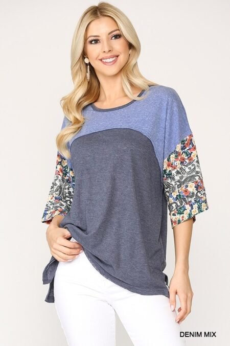 Colorblock Knit Floral Print Top with Dolman Sleeve available in Coral, Citron, and Denim Mix for women.