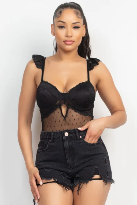 Sweetheart cut-out cami bodysuit with ruffle trim, lace detail, and diamond mesh in Light Peach, Black, and Lavender – perfect for special occasions