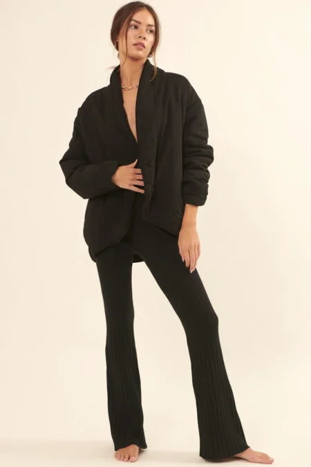 Solid Woven Jacket in Black with Shawl Collar, Side Pockets, and Two-Button Closure