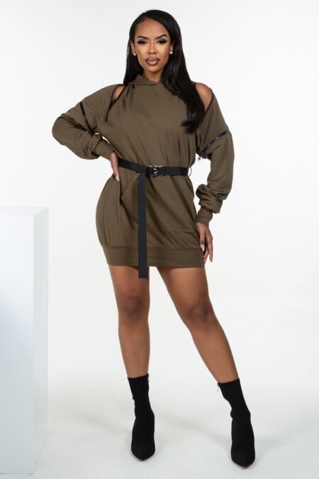 Double Zipper Long Sleeve Hooded Mini Dress