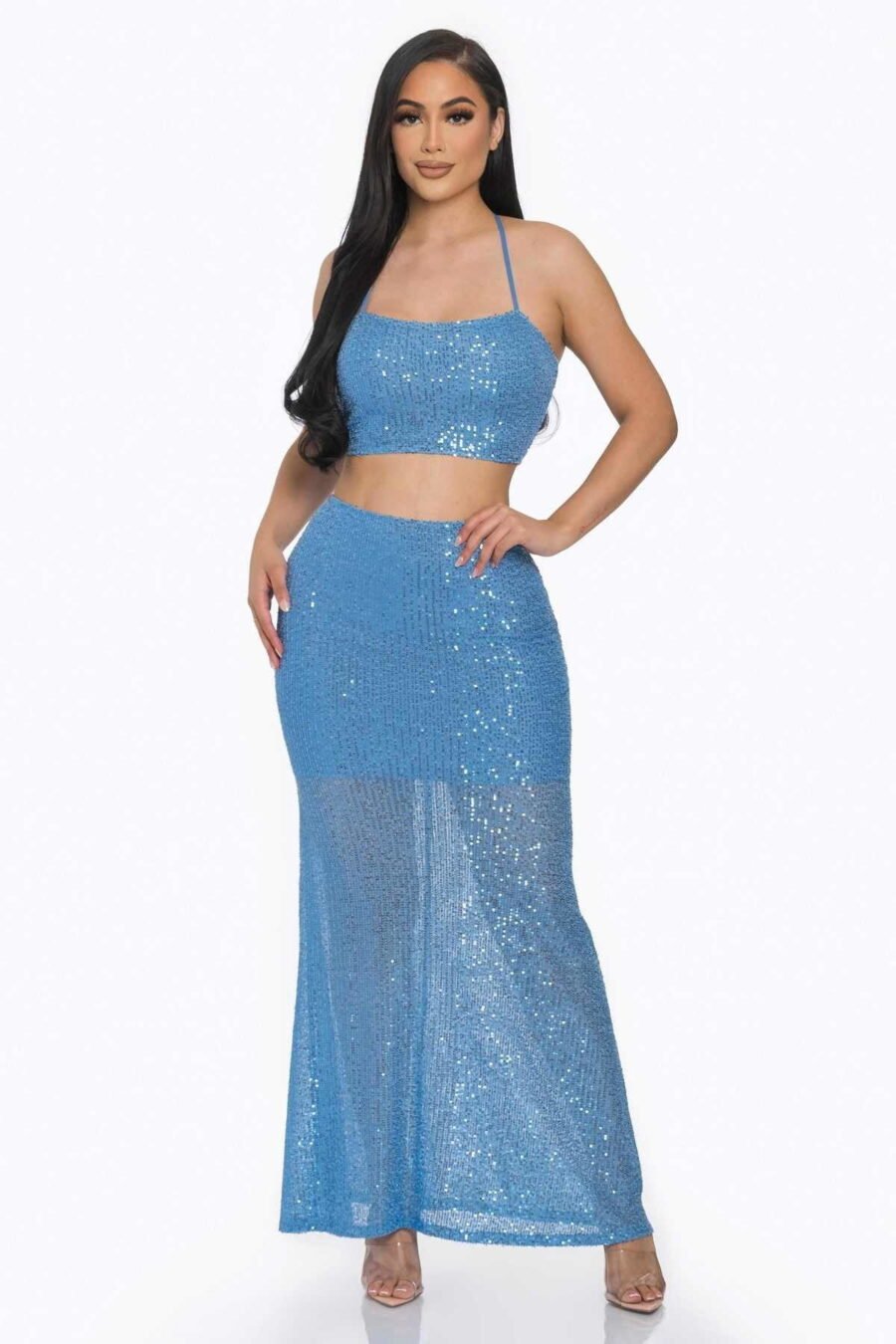 Sequin Long Mermaid Skirt Set in Baby Pink and Baby Blue with a mermaid skirt and cowl neck cropped top