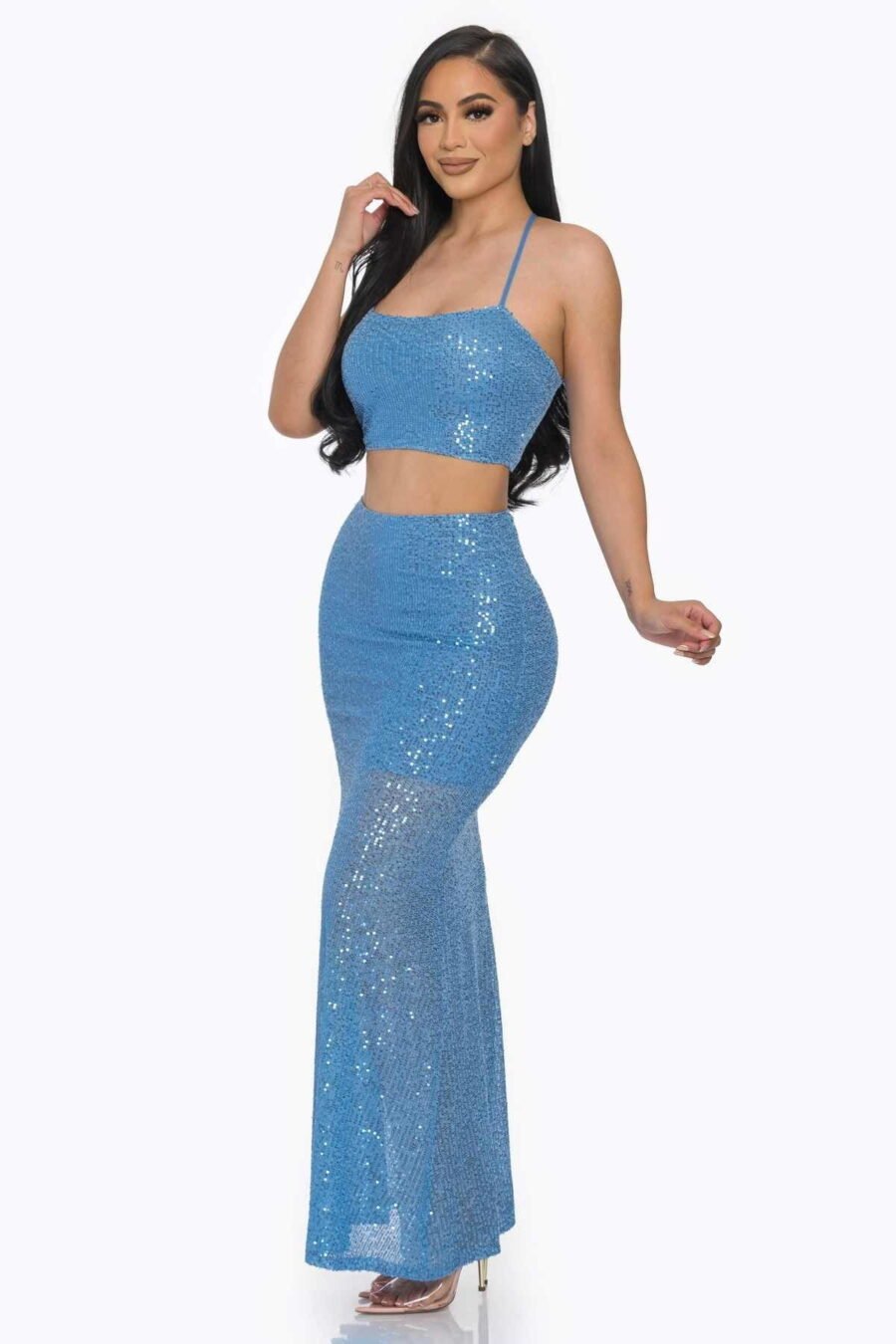 Sequin Long Mermaid Skirt Set in Baby Pink and Baby Blue with a mermaid skirt and cowl neck cropped top