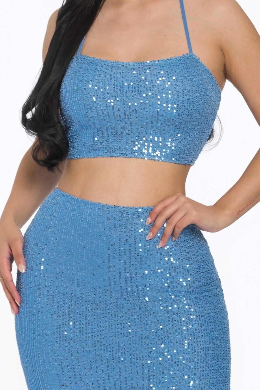 Sequin Long Mermaid Skirt Set in Baby Pink and Baby Blue with a mermaid skirt and cowl neck cropped top