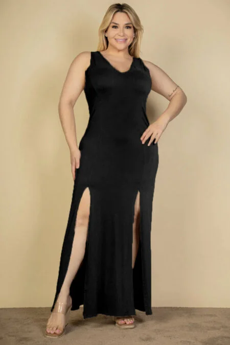 Plus Size Thigh Double Split Maxi Dress with Plunge Neck and Dual Thigh Slits