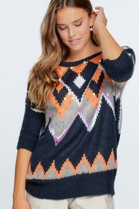 Aztec Pattern with Glitter Accent Sweater in Midnight Navy with long sleeves and crew neckline." Let me know if there are any additional details or specific elements you'd like to adjust!