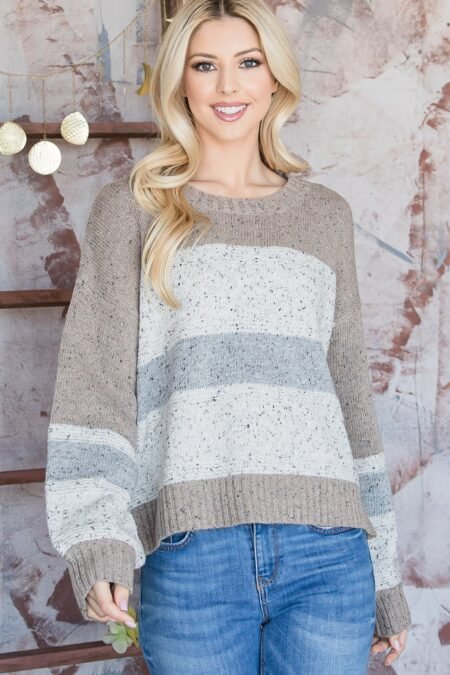 Cute knit sweater in taupe with color block and confetti details – perfect for cozy casual wear