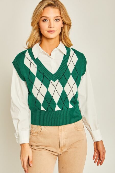 Argyle Print Sweater Vest in Green for Women