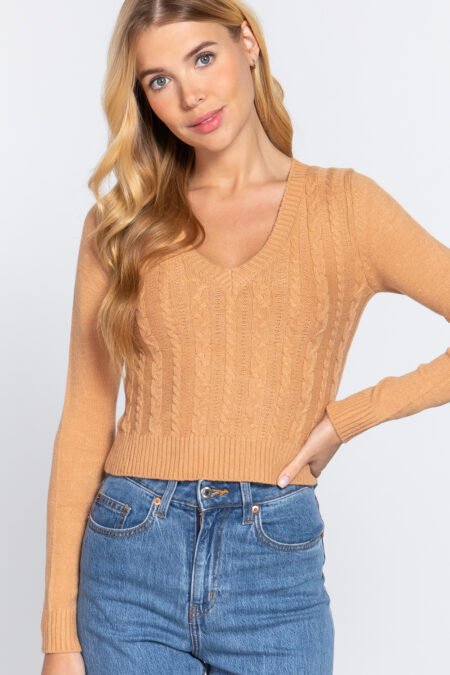 Long Sleeve V-neck Cable Sweater in Honeycomb and Black for Women