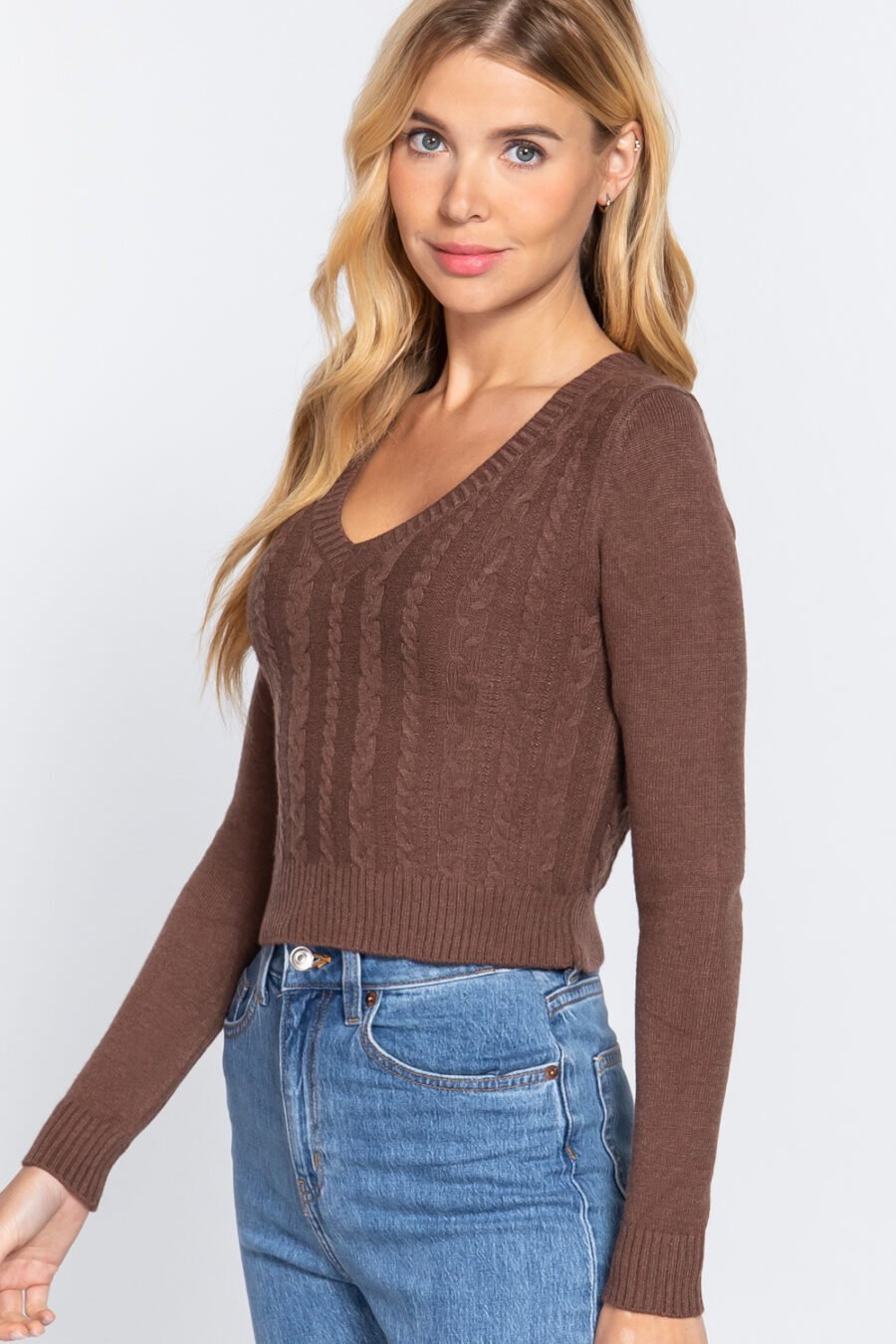 Long Sleeve V-neck Cable Sweater in Honeycomb and Black for Women