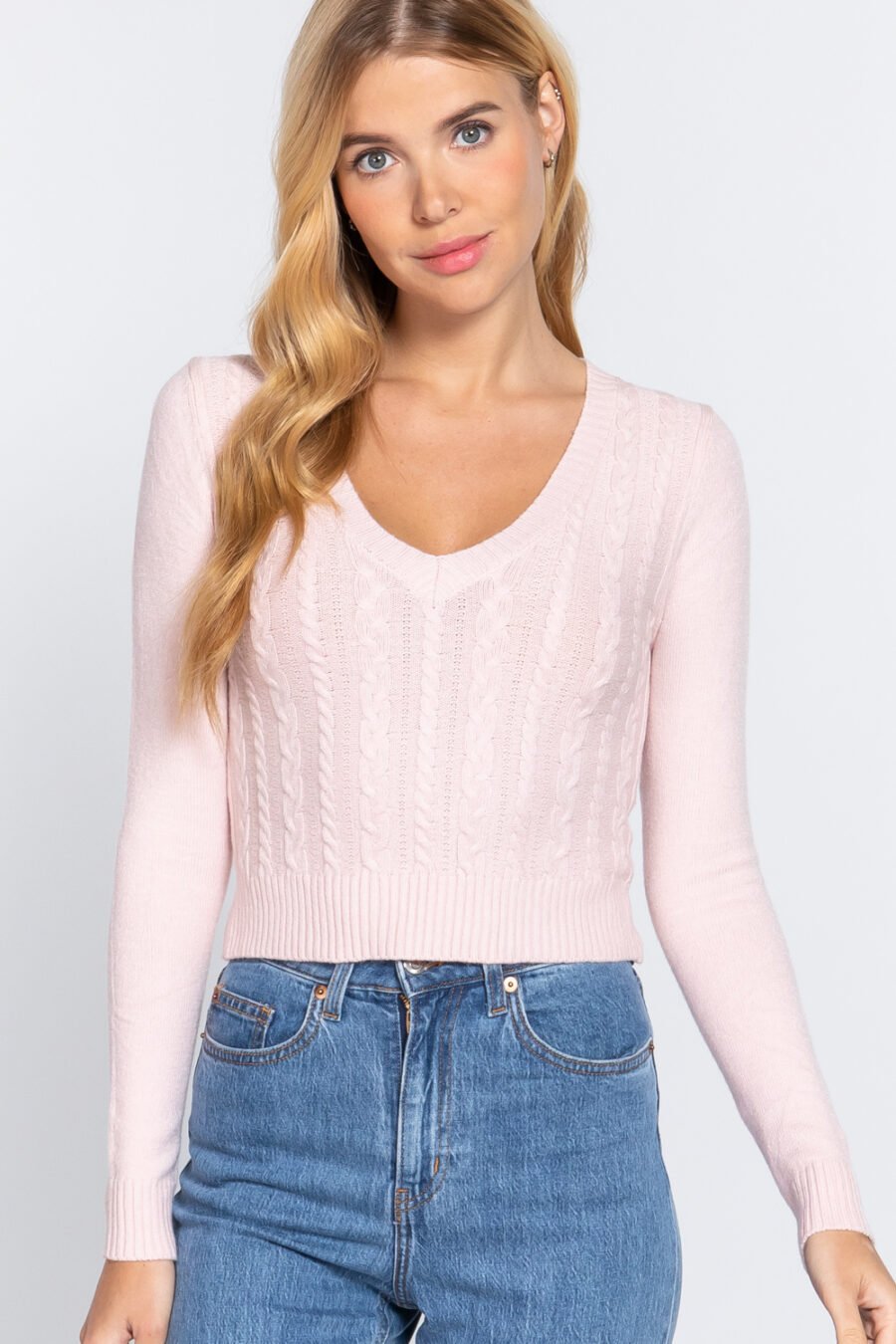 Long Sleeve V-neck Cable Sweater in Honeycomb and Black for Women