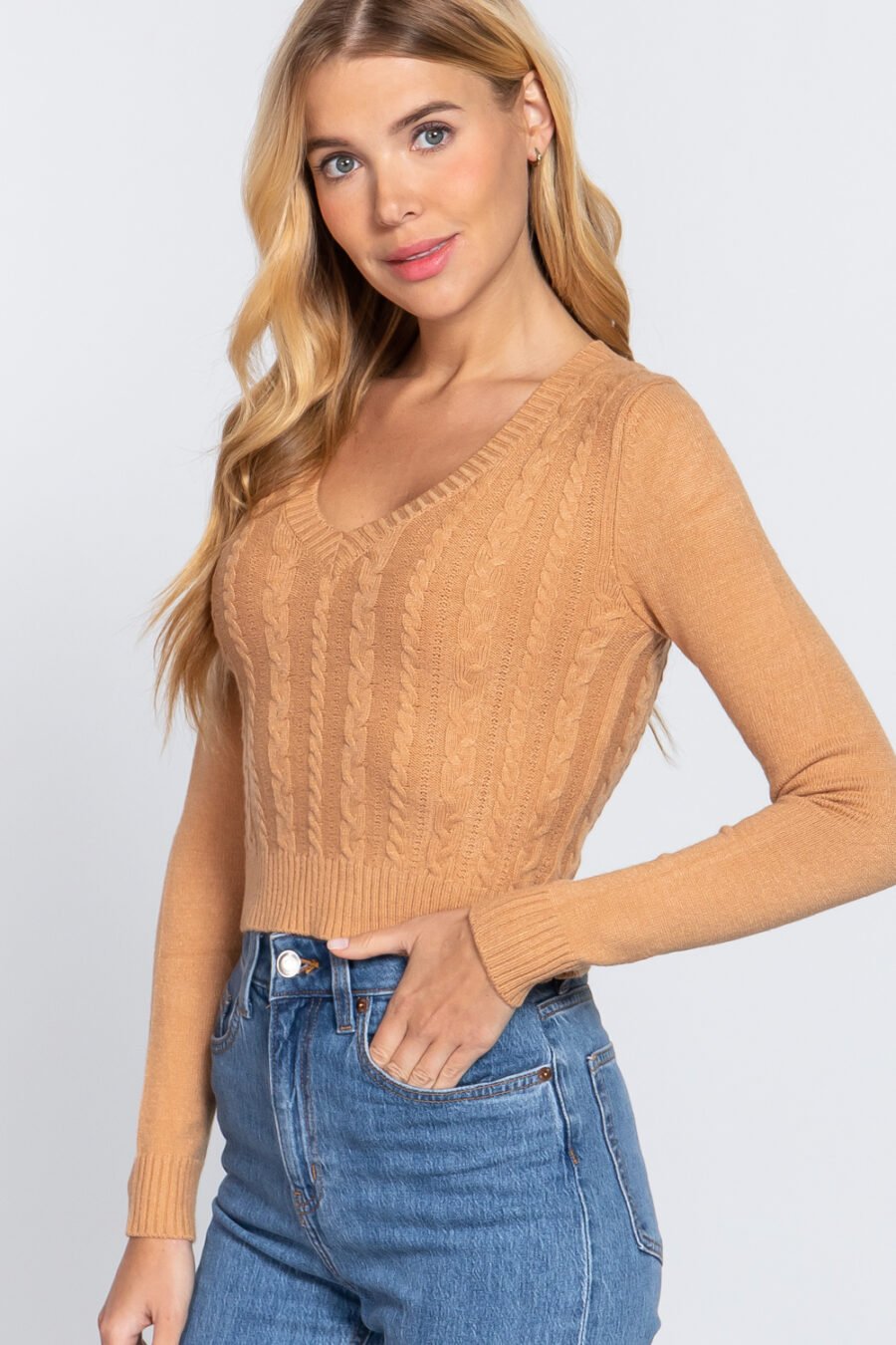 Long Sleeve V-neck Cable Sweater in Honeycomb and Black for Women