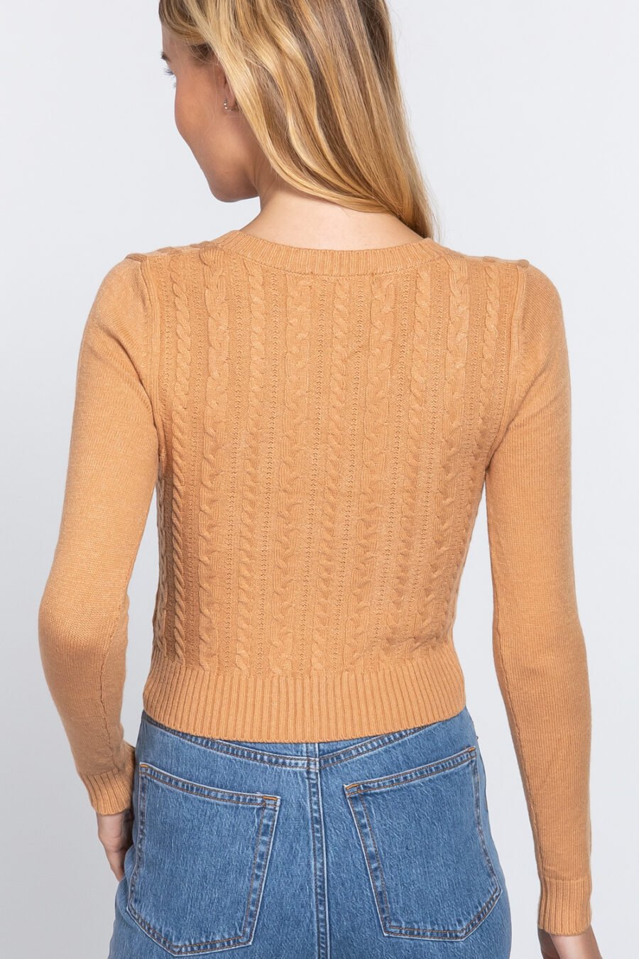 Long Sleeve V-neck Cable Sweater in Honeycomb and Black for Women