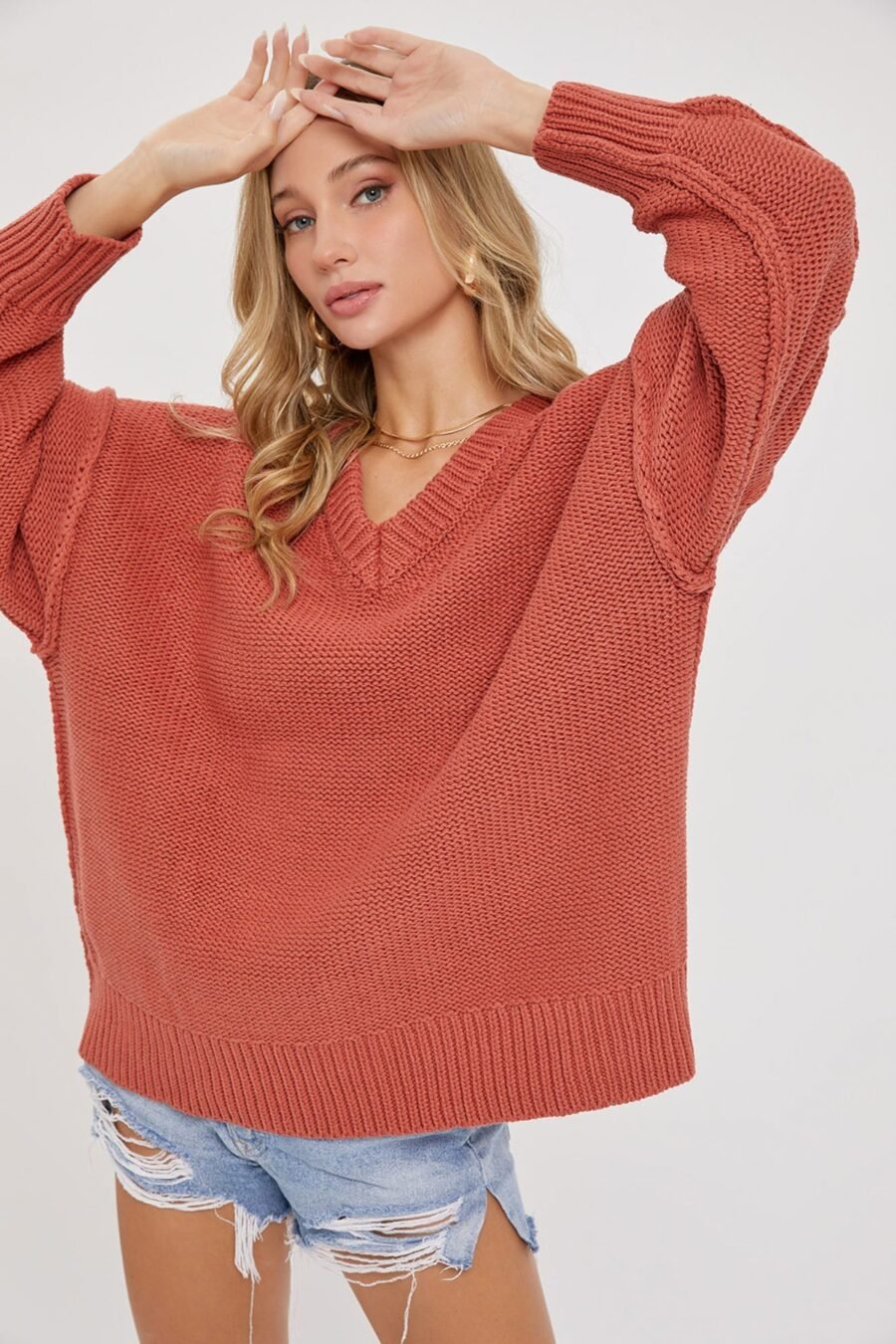 Cozy Chic V-Neck Oversized Sweater in Marsala, Cream, Hunter Green, and Mauve with wide V neckline and ribbed trim