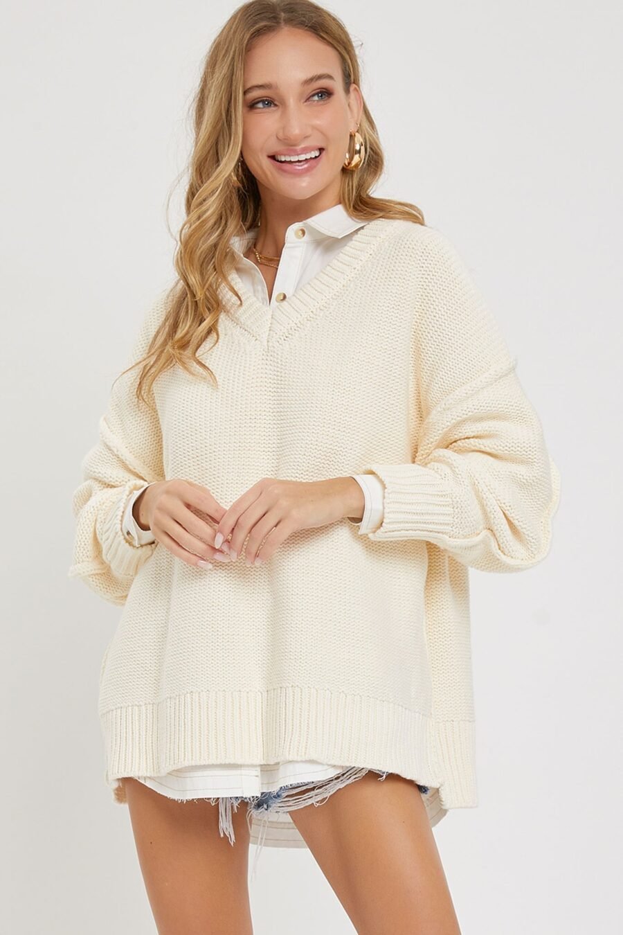 Cozy Chic V-Neck Oversized Sweater in Marsala, Cream, Hunter Green, and Mauve with wide V neckline and ribbed trim