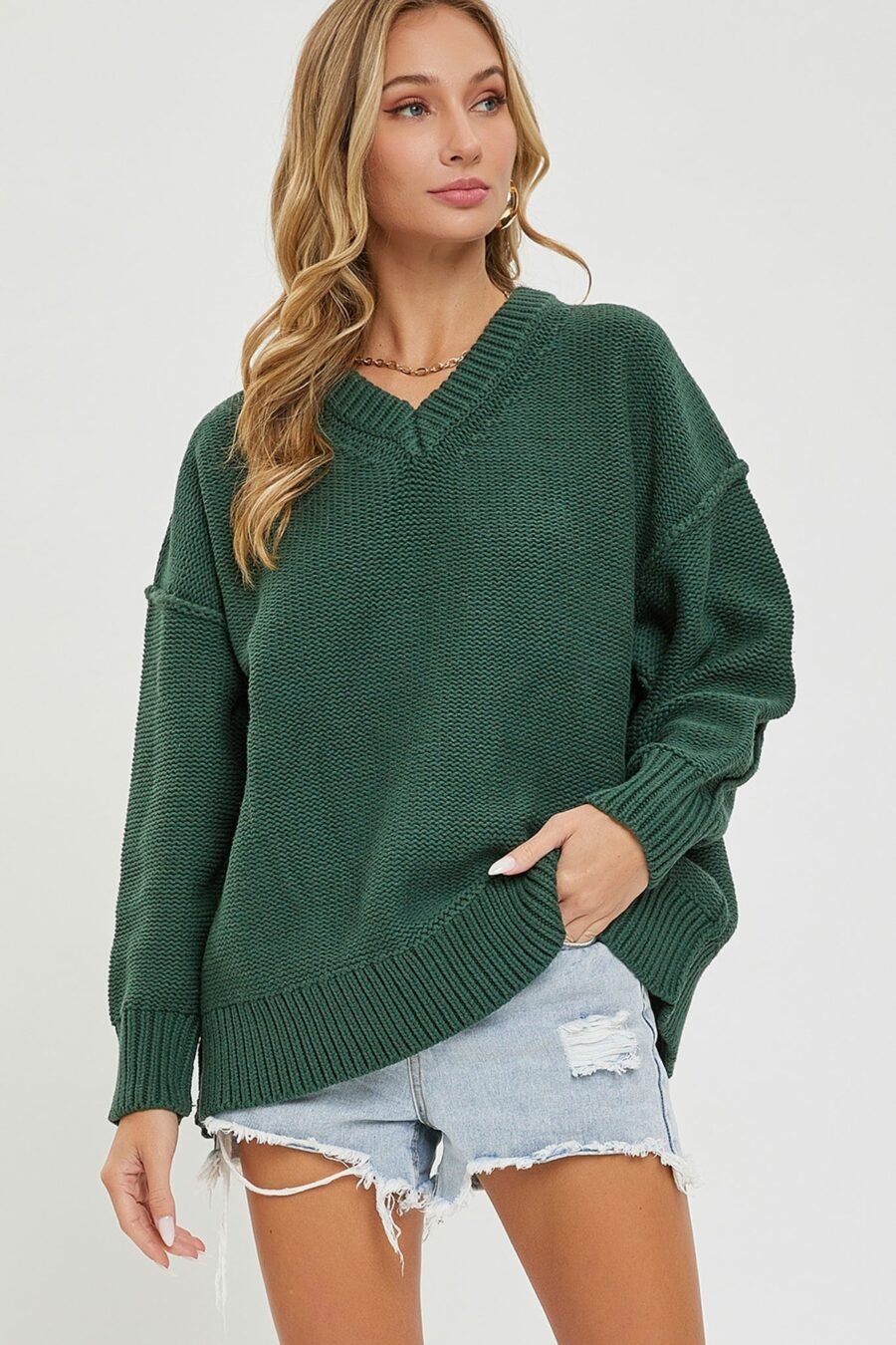 Cozy Chic V-Neck Oversized Sweater in Marsala, Cream, Hunter Green, and Mauve with wide V neckline and ribbed trim