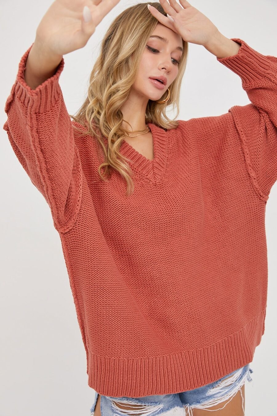 Cozy Chic V-Neck Oversized Sweater in Marsala, Cream, Hunter Green, and Mauve with wide V neckline and ribbed trim