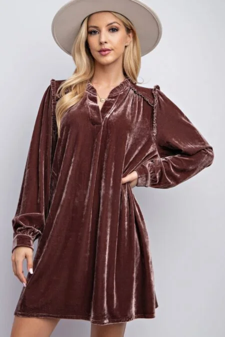 Ruffle Shiny Velvet Shift Dress