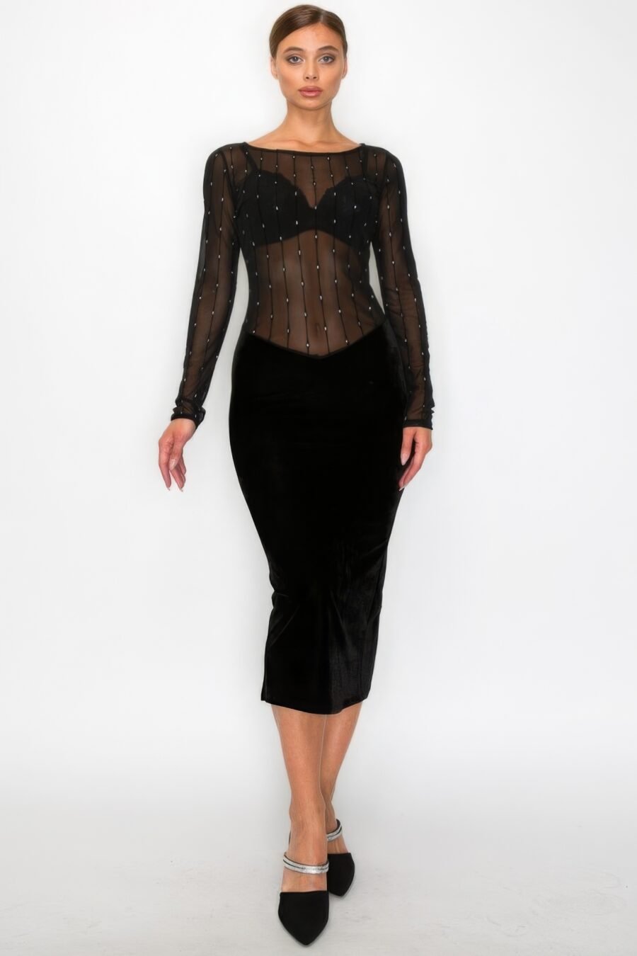 Black Velvet Sheer Midi Dress