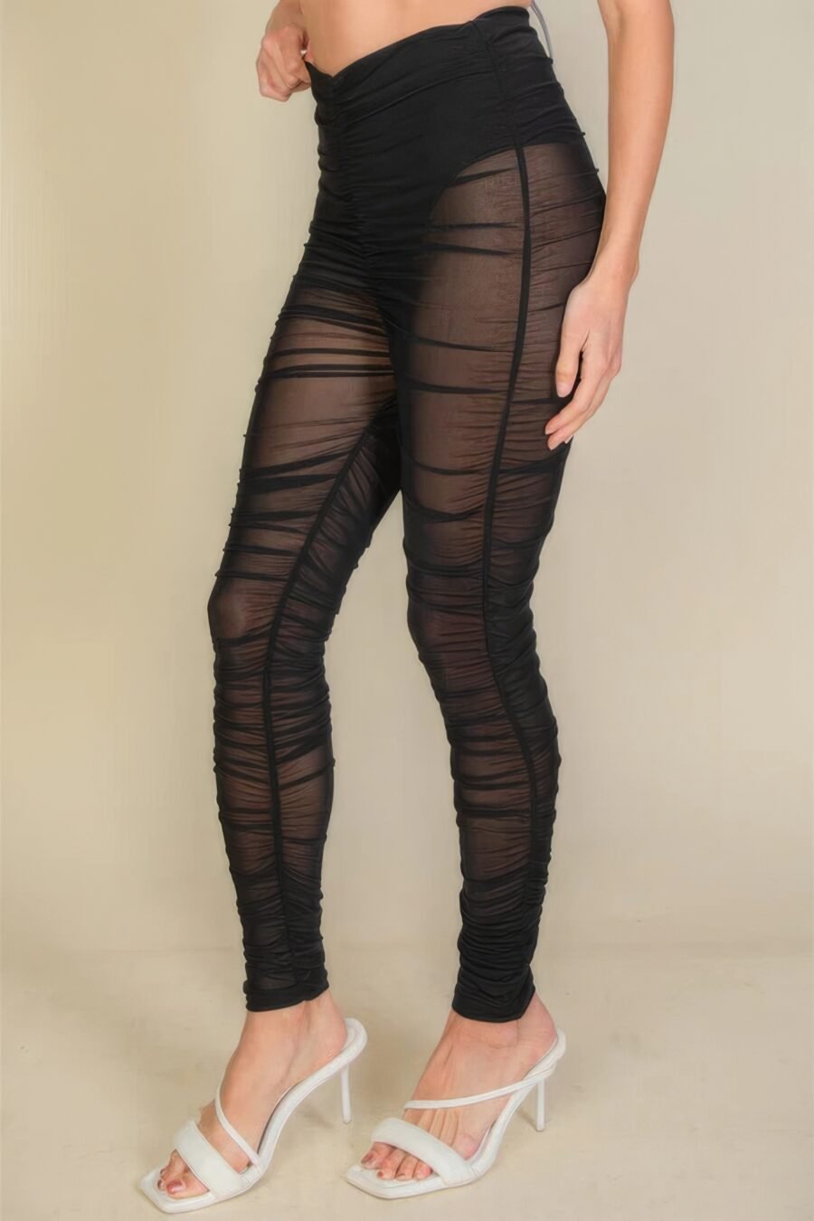 Black Ruched Poly Mesh Leggings with Sheer Jersey Fabric