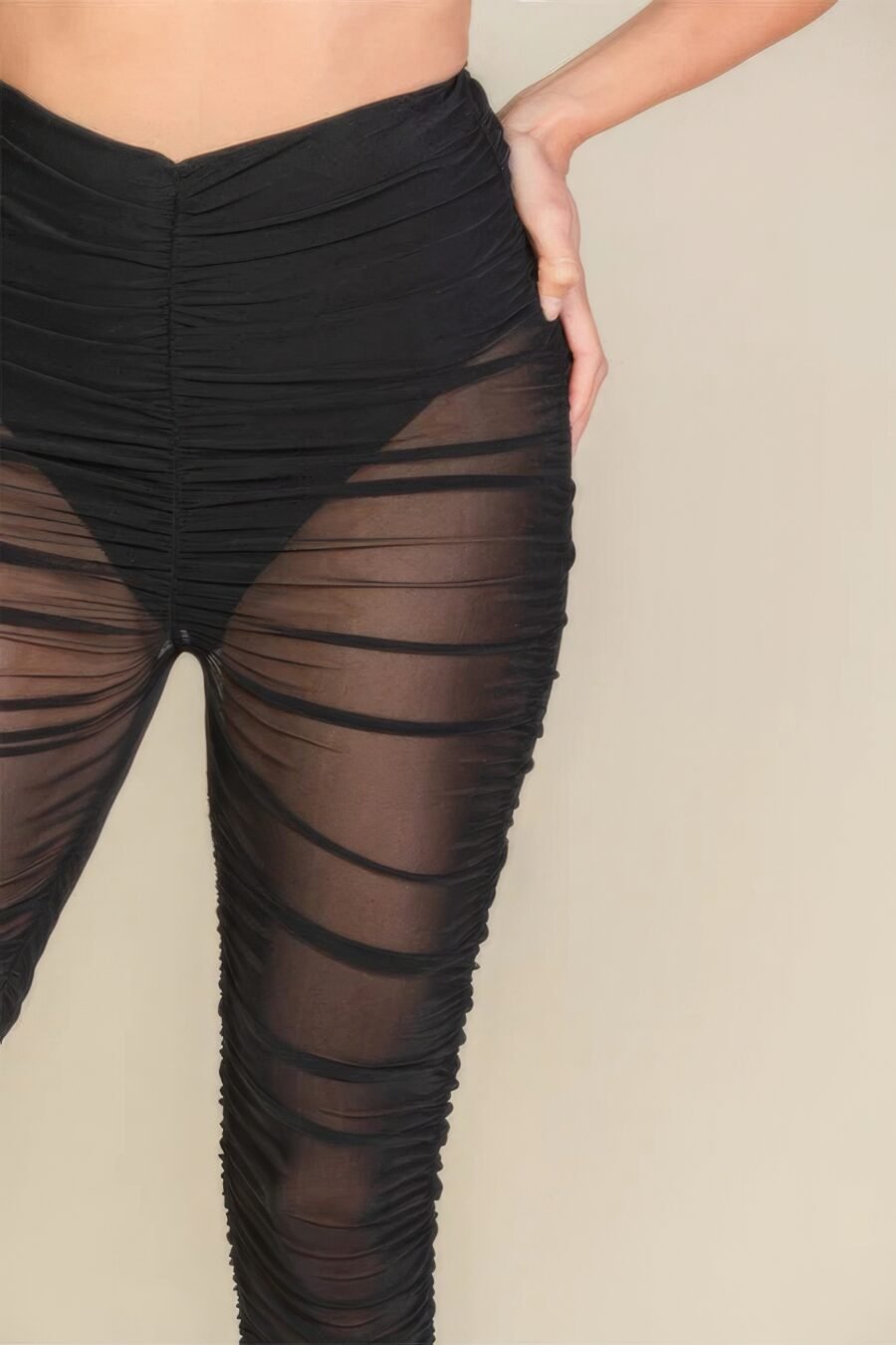 Black Ruched Poly Mesh Leggings with Sheer Jersey Fabric