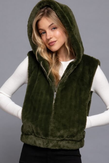 Women’s Hoodie Faux Fur Vest in Olive Green – Cozy Winter Layering Piece