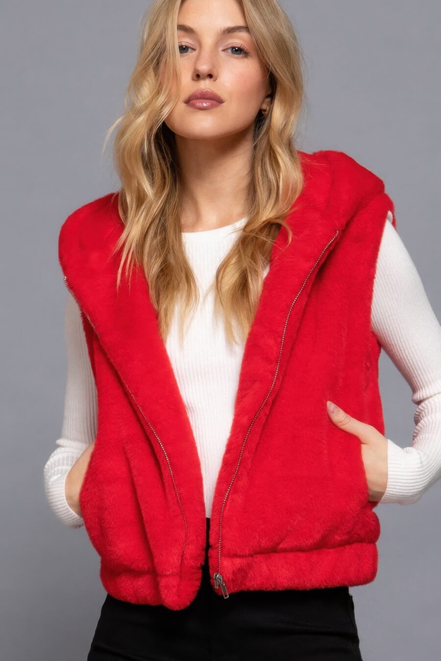 Red Hooded Faux Fur Vest for Women – Warm and Stylish Winter Vest