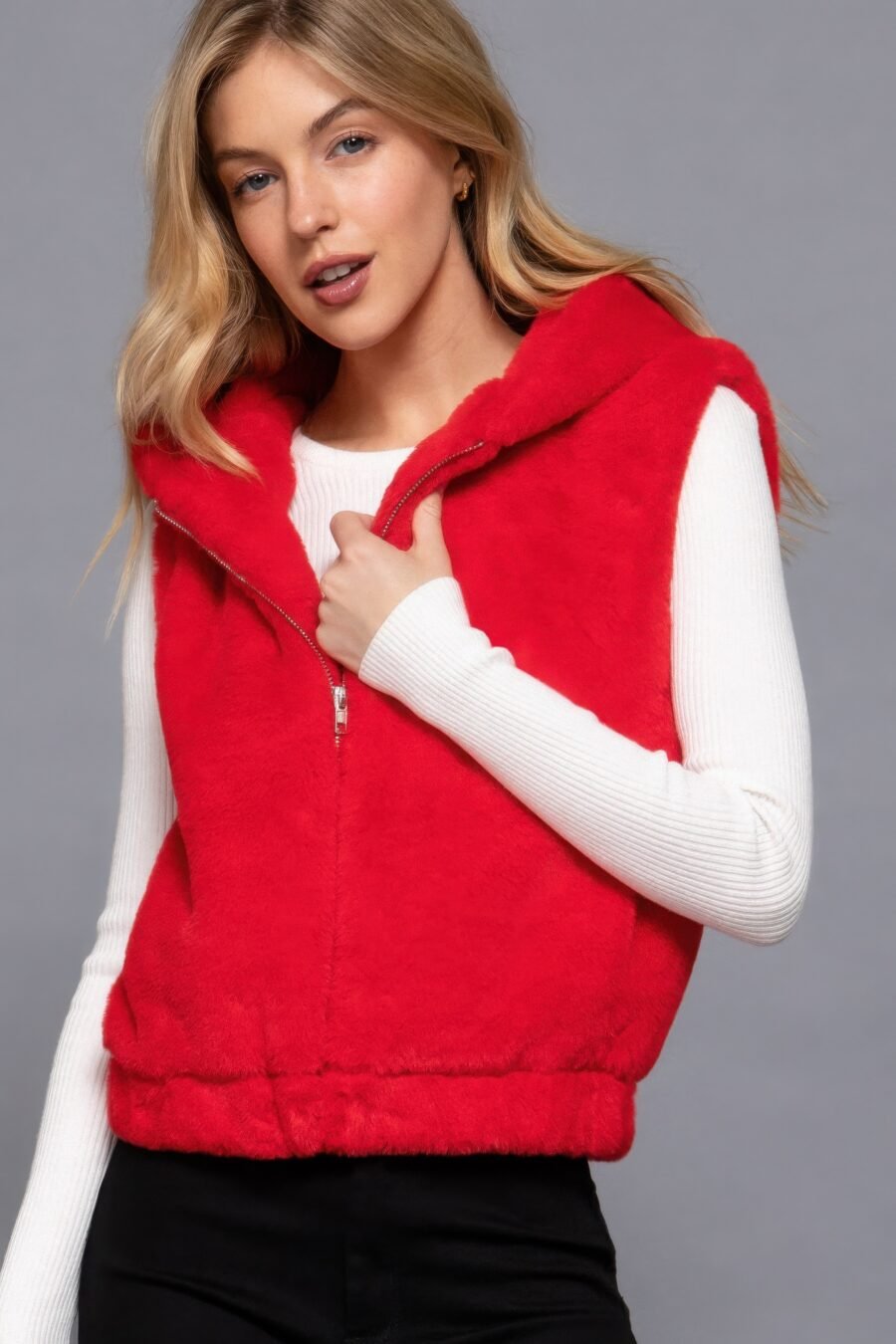 Red Hooded Faux Fur Vest for Women – Warm and Stylish Winter Vest