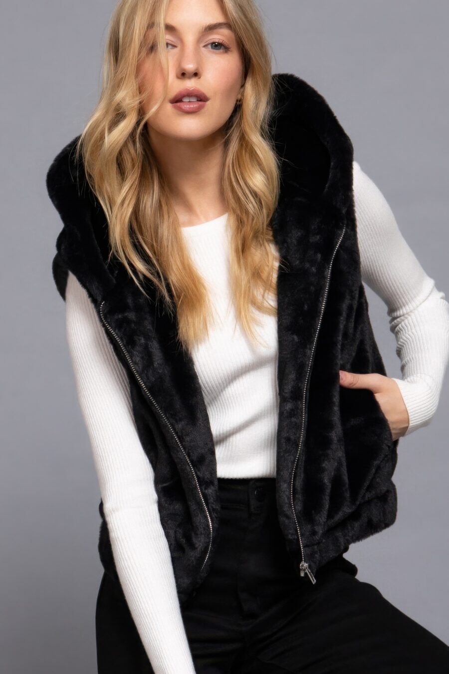 Black Faux Fur Vest with Hoodie – Comfortable Women’s Outerwear