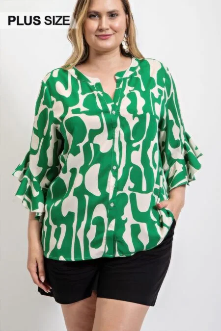 Geometric Print Bell Sleeve Top Stylish Ruffled