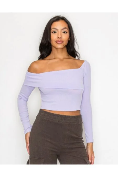 Bardot Ribbed Long Sleeve Crop Top - Lilac Off-Shoulder Knit Top