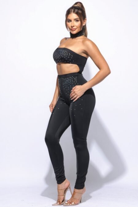 Choker Tube Jumpsuit in black featuring a form-fitting silhouette, trendy choker neck detail, and sleek tube top design for a stylish look.