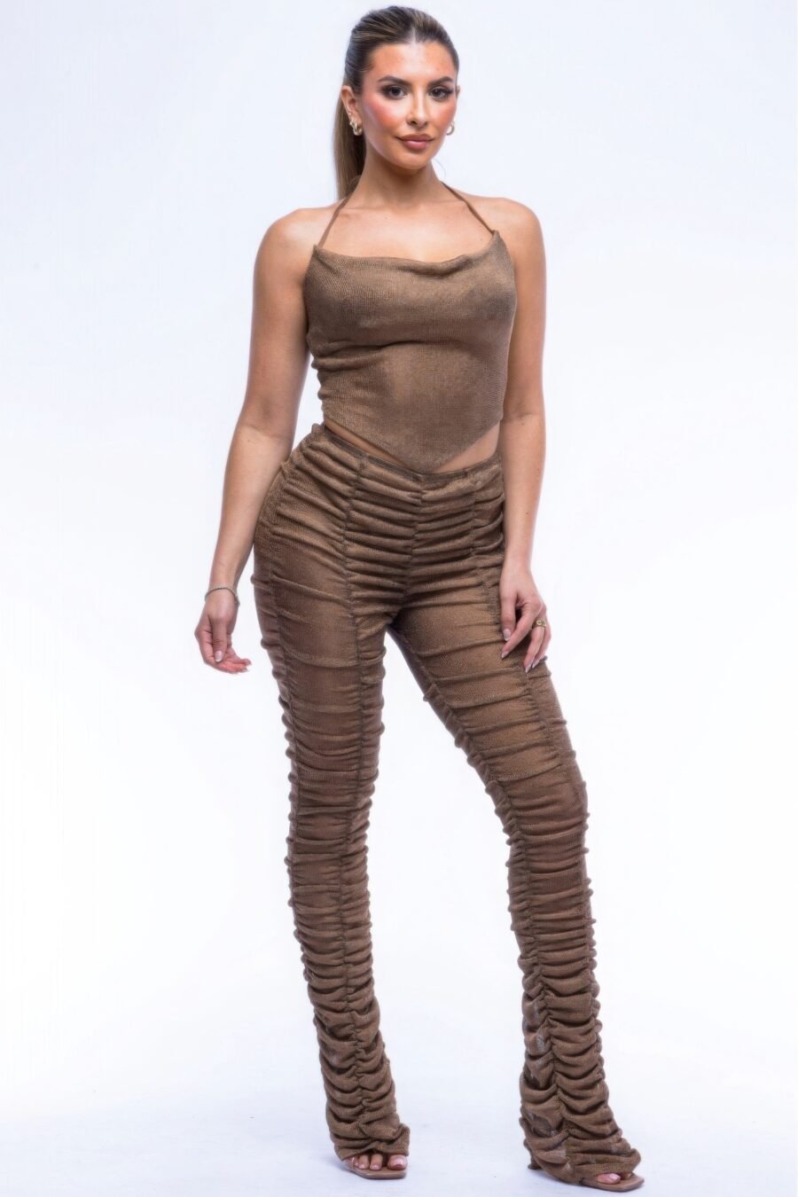 Halter Top Ruched Pants Set in Bronze and Black with a tied strap and ruched detailing