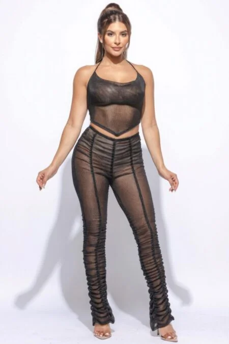 Halter Top Ruched Pants Set in Bronze and Black with a tied strap and ruched detailing