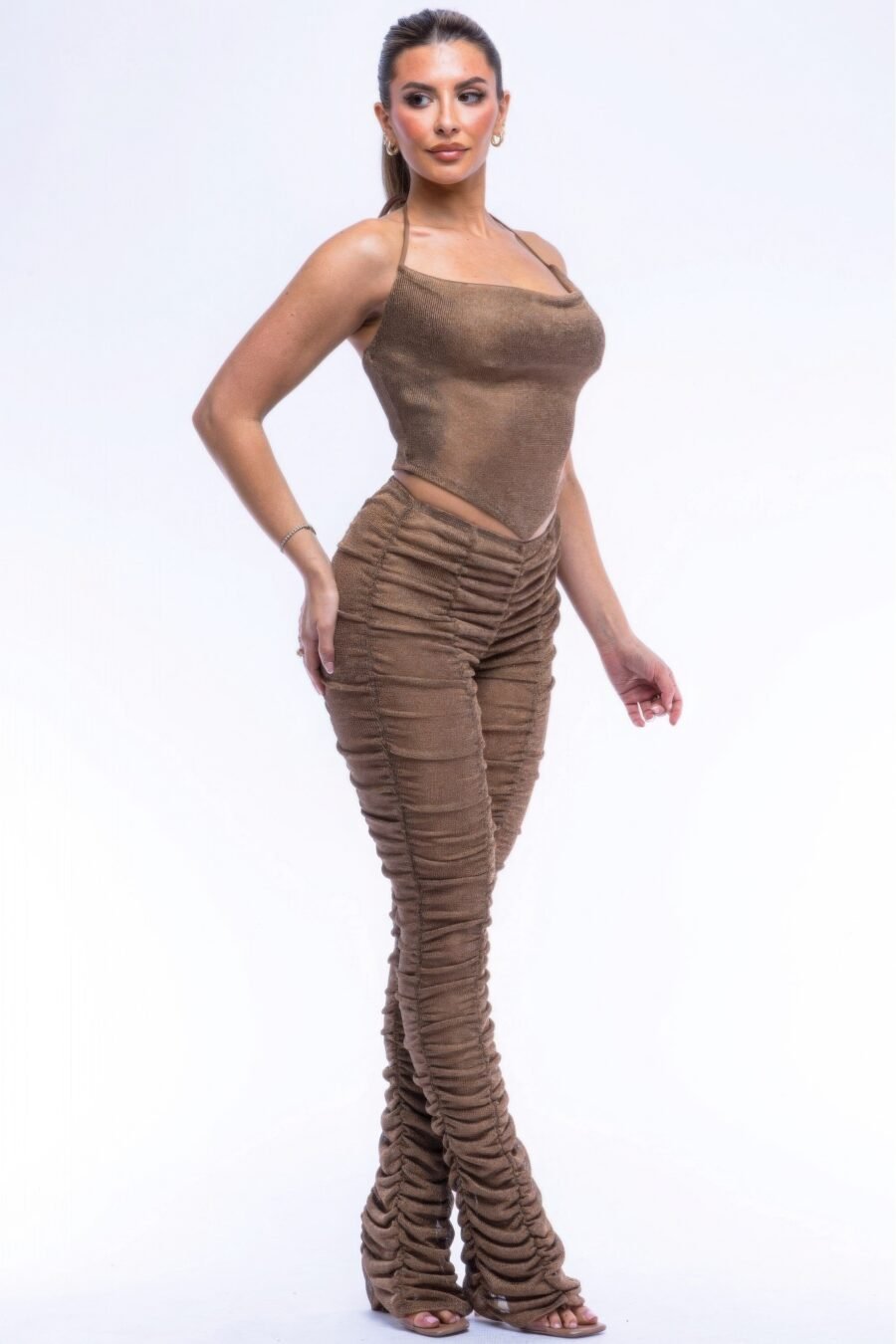 Halter Top Ruched Pants Set in Bronze and Black with a tied strap and ruched detailing