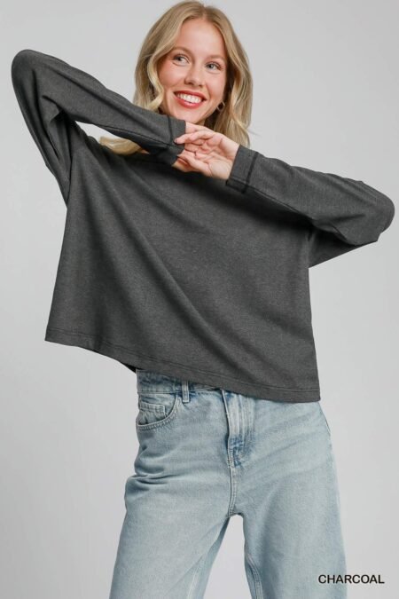 Soft Stretch Basic Top in Charcoal, crafted from luxurious rayon and spandex for a soft, flattering fit, perfect for layering or standalone wear