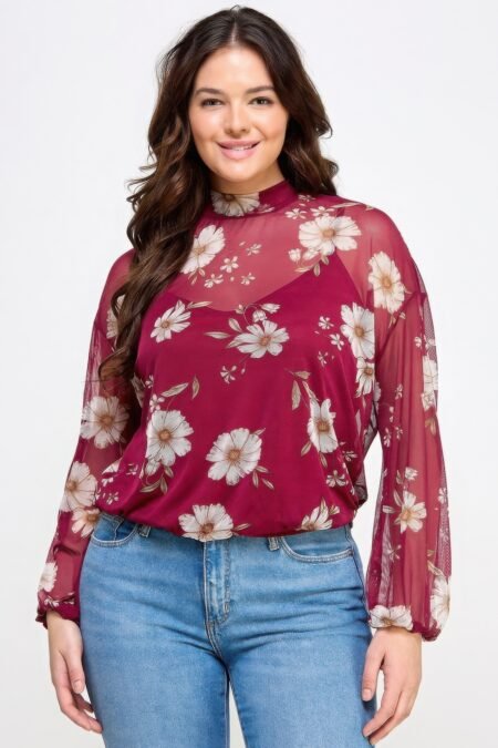 Mesh Floral Long Sleeve Top with Cami