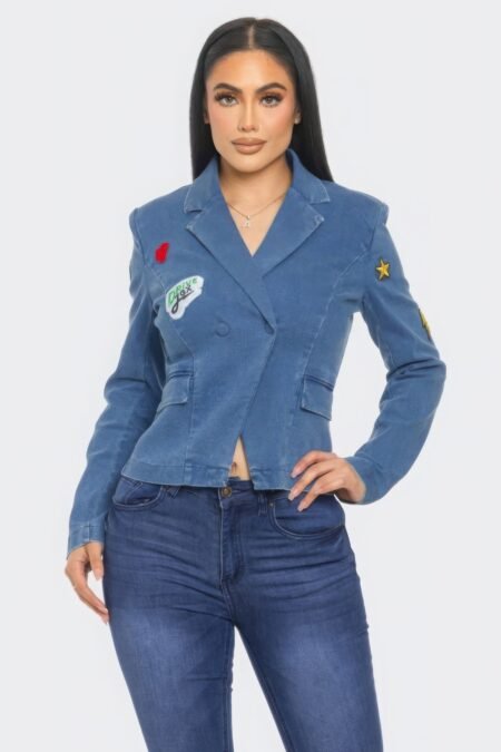 Patch It Up Denim Blazer Jacket with Emoticon Patches