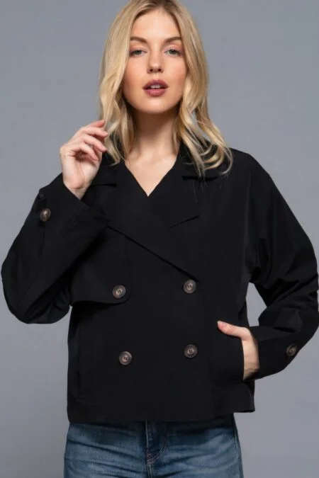 Double Breasted Short Trench Jacket in Beige and Black - Lightweight Polyester Trench for Casual and Formal Wear