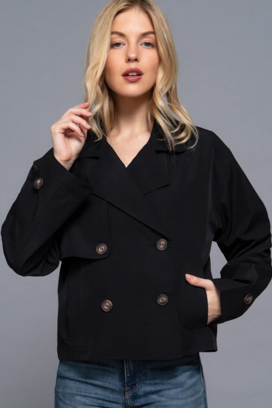 Double Breasted Short Trench Jacket in Beige and Black - Lightweight Polyester Trench for Casual and Formal Wear