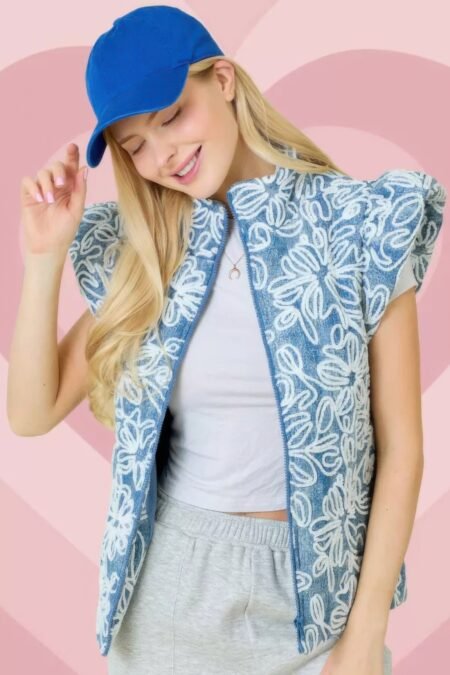 Floral Velvet Embroidered Denim Puffer Vest in Denim/White with floral embroidery