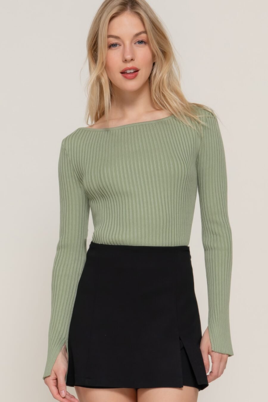 Long Sleeve Boat Neck Sweater in Sage with relaxed fit and chic boat neckline