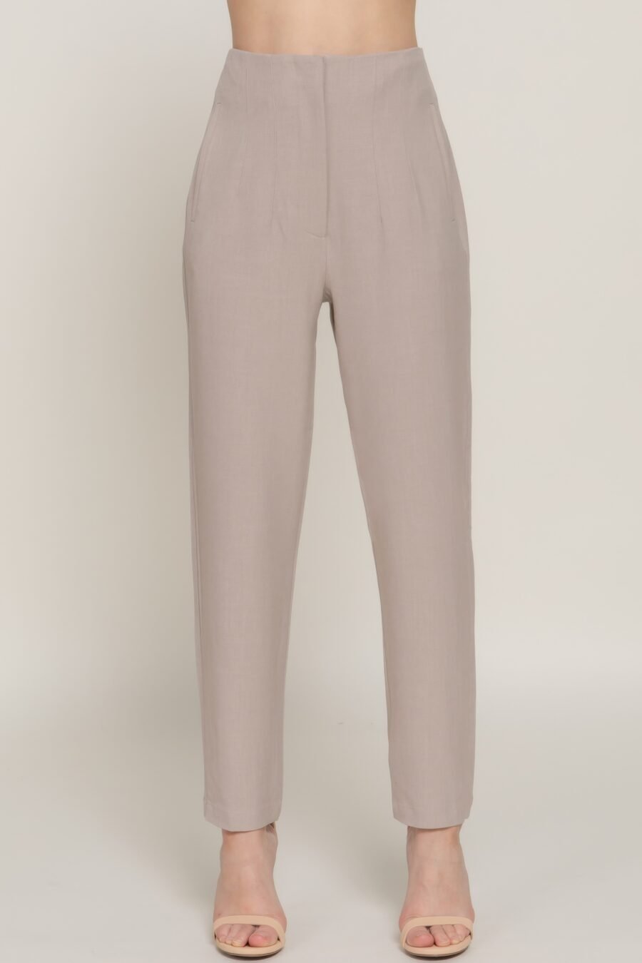 High Waist Pintuck Long Pants available in Heather Charcoal, Heather Taupe, and Heather Grey