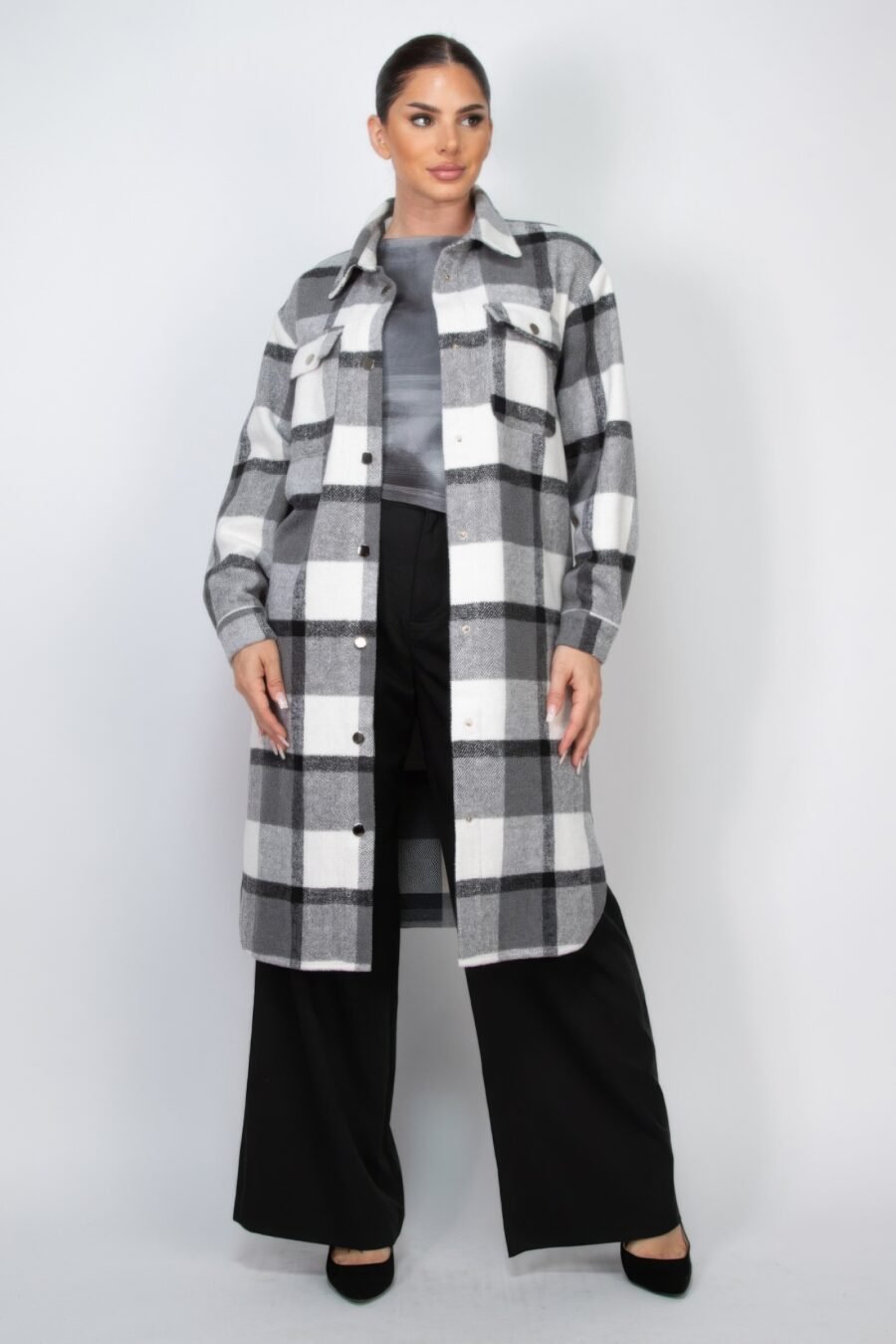 Chic Plaid Buttoned Shacket Coat in cream and grey with snap button closure and chest pockets, ideal for versatile styling and layering