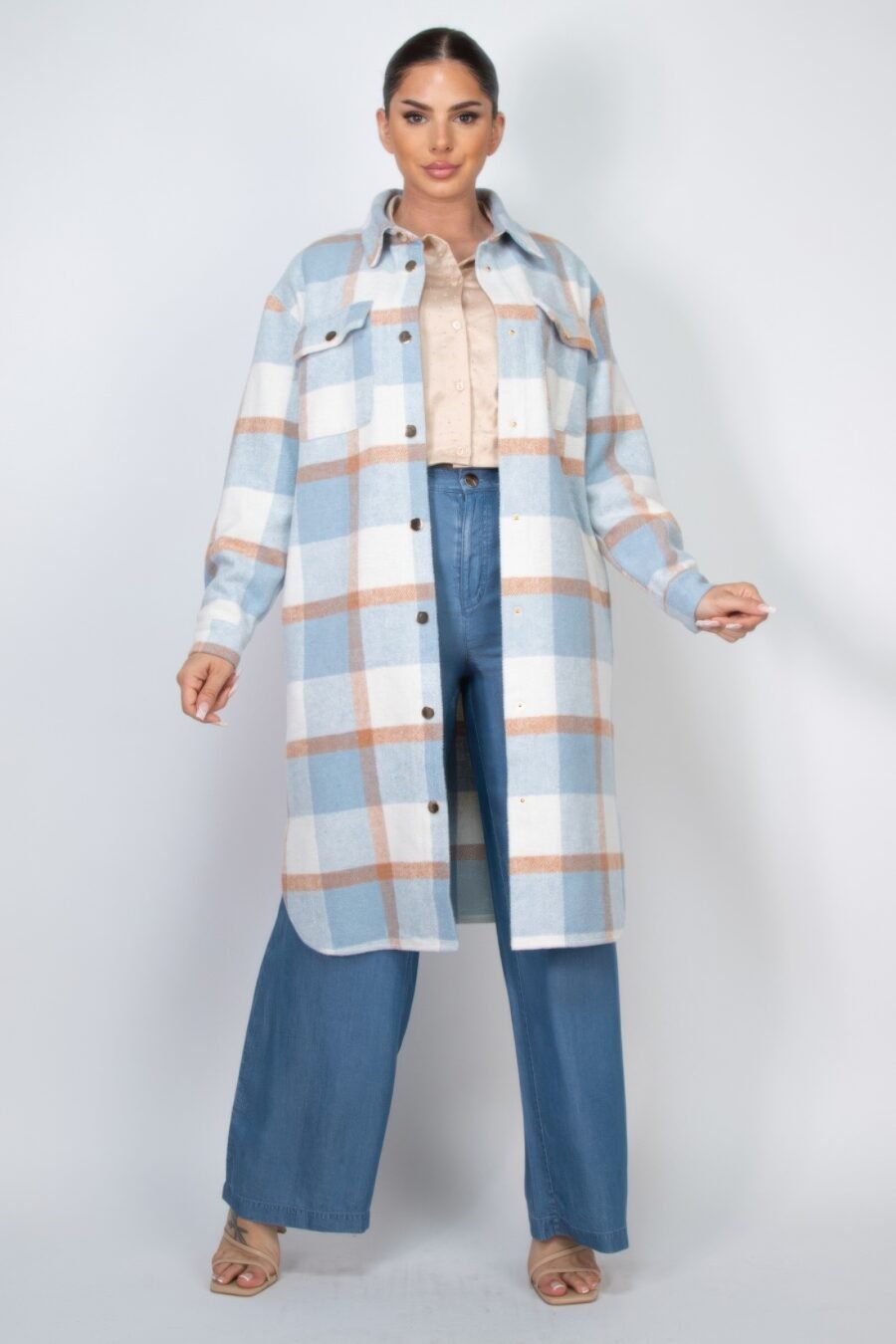 Chic Plaid Buttoned Shacket Coat in cream and grey with snap button closure and chest pockets, ideal for versatile styling and layering