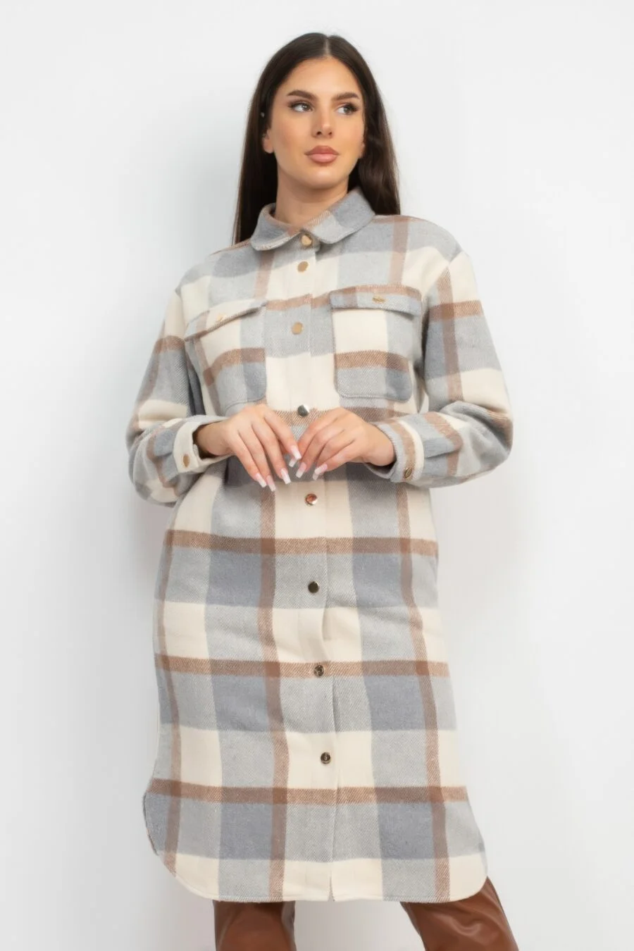 Chic Plaid Buttoned Shacket Coat in cream and grey with snap button closure and chest pockets, ideal for versatile styling and layering