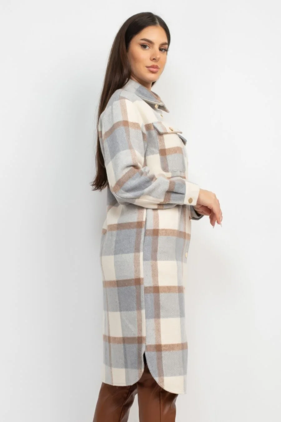 Chic Plaid Buttoned Shacket Coat in cream and grey with snap button closure and chest pockets, ideal for versatile styling and layering