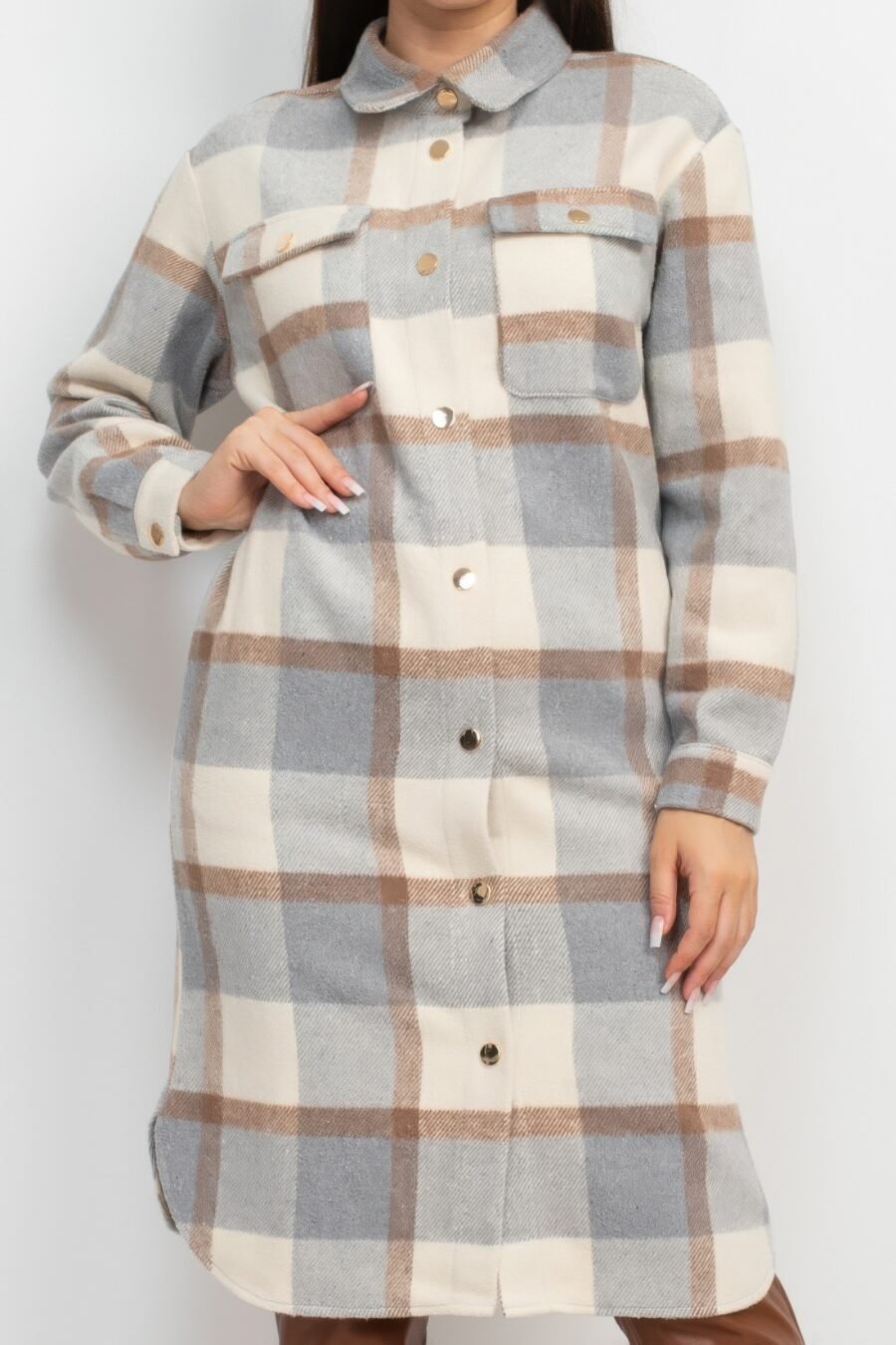 Chic Plaid Buttoned Shacket Coat in cream and grey with snap button closure and chest pockets, ideal for versatile styling and layering